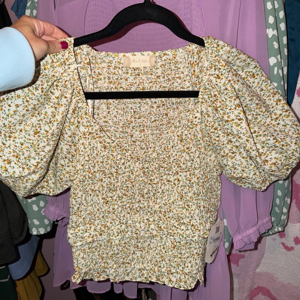 Altar'd State Floral Puff Sleeve Blouse - Cream and Brown